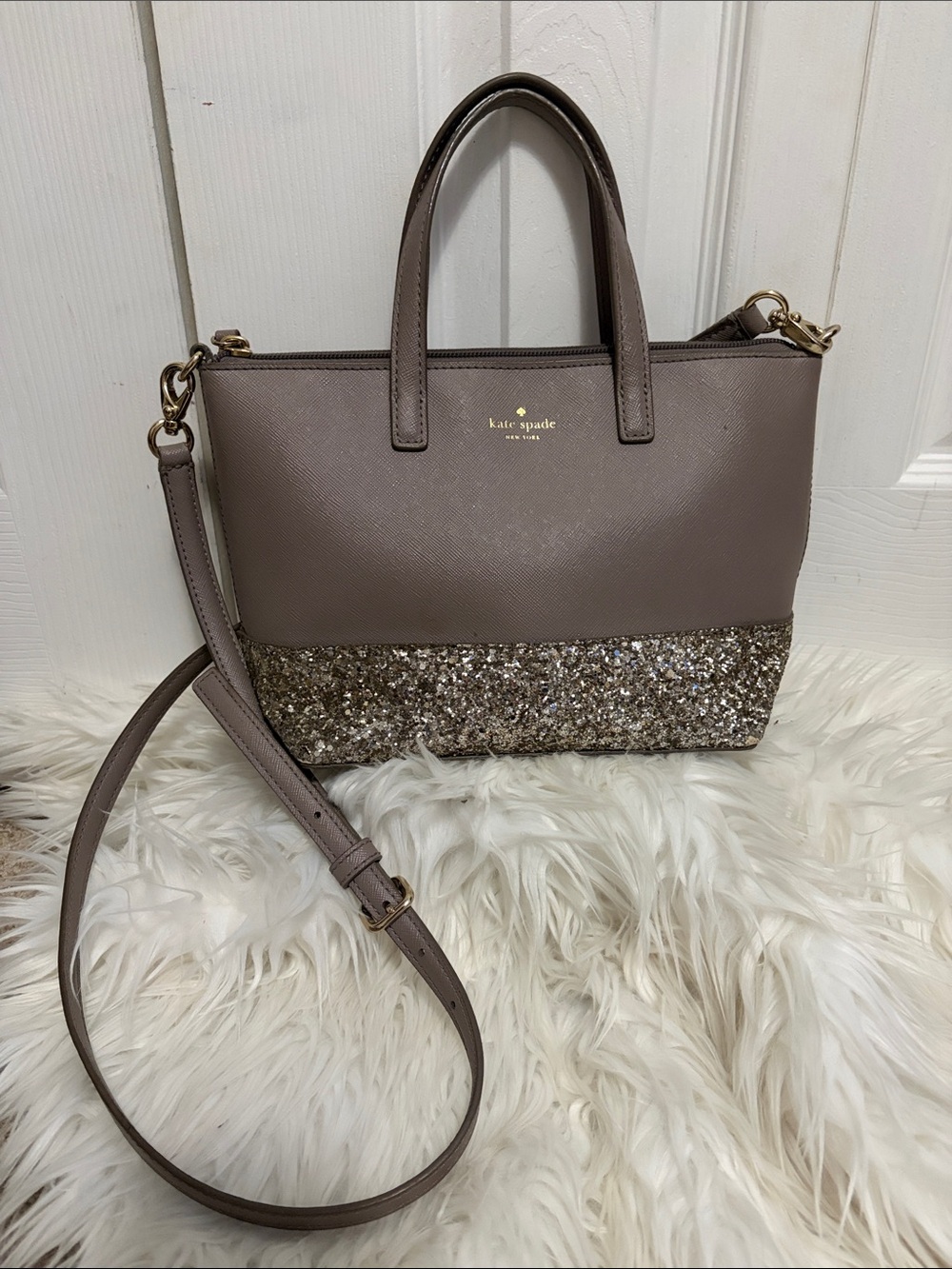 Kate Spade Greta Court Ina Taupe Crossbody Satchel with Gold Glitter Trim